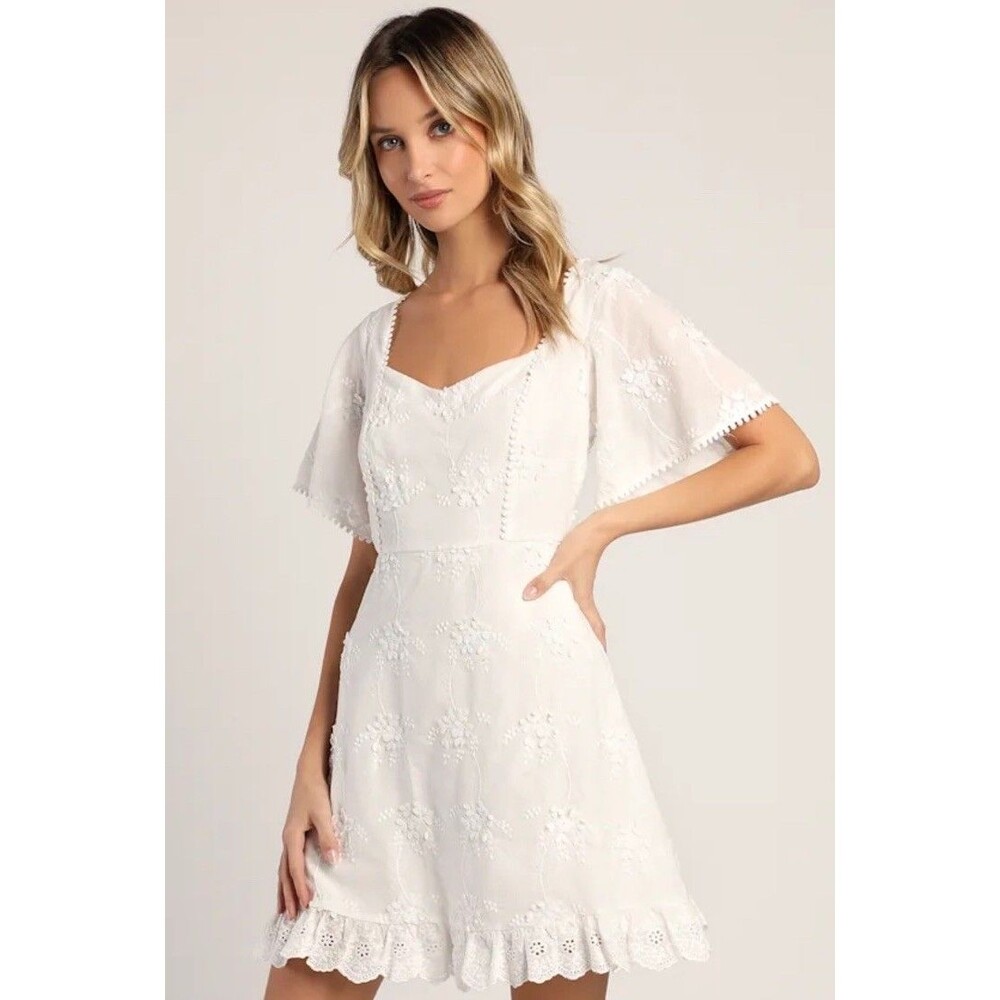 Lulus Morning in Mallorca White Eyelet Mini Dress Coastal Bride Dainty Size M
